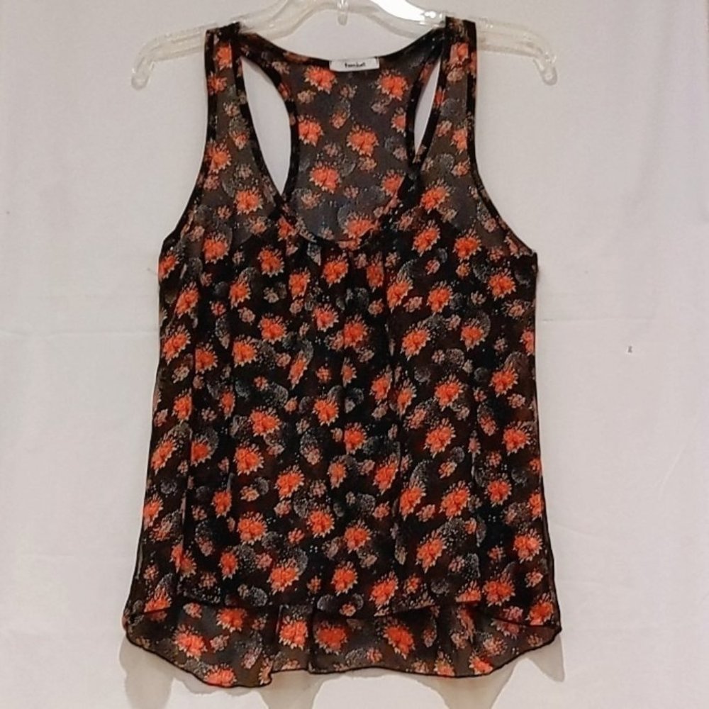 Teenbell - Sheer Red Floral Asymmetrical Tank Top Style with pleated on the neck